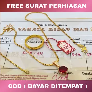 Kalung wanita emas muda motif italy liontin permata merah free cincin dapat surat toko
