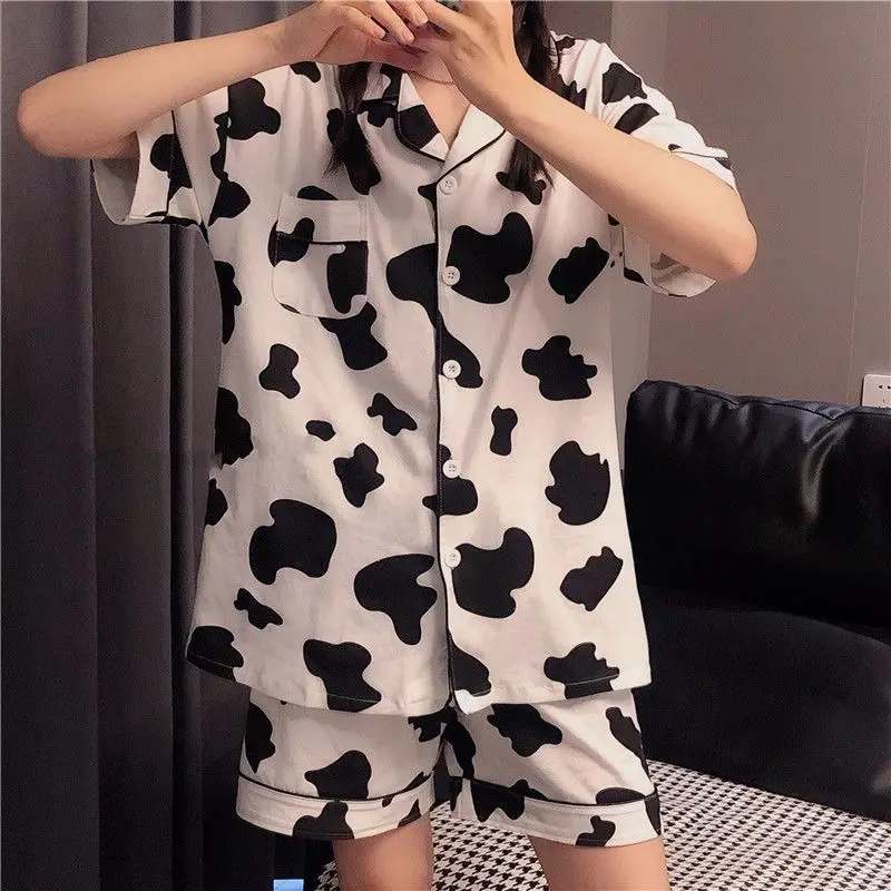 Pajama girl summer cardigan front button cartoon cute student short sleeve shorts home suit