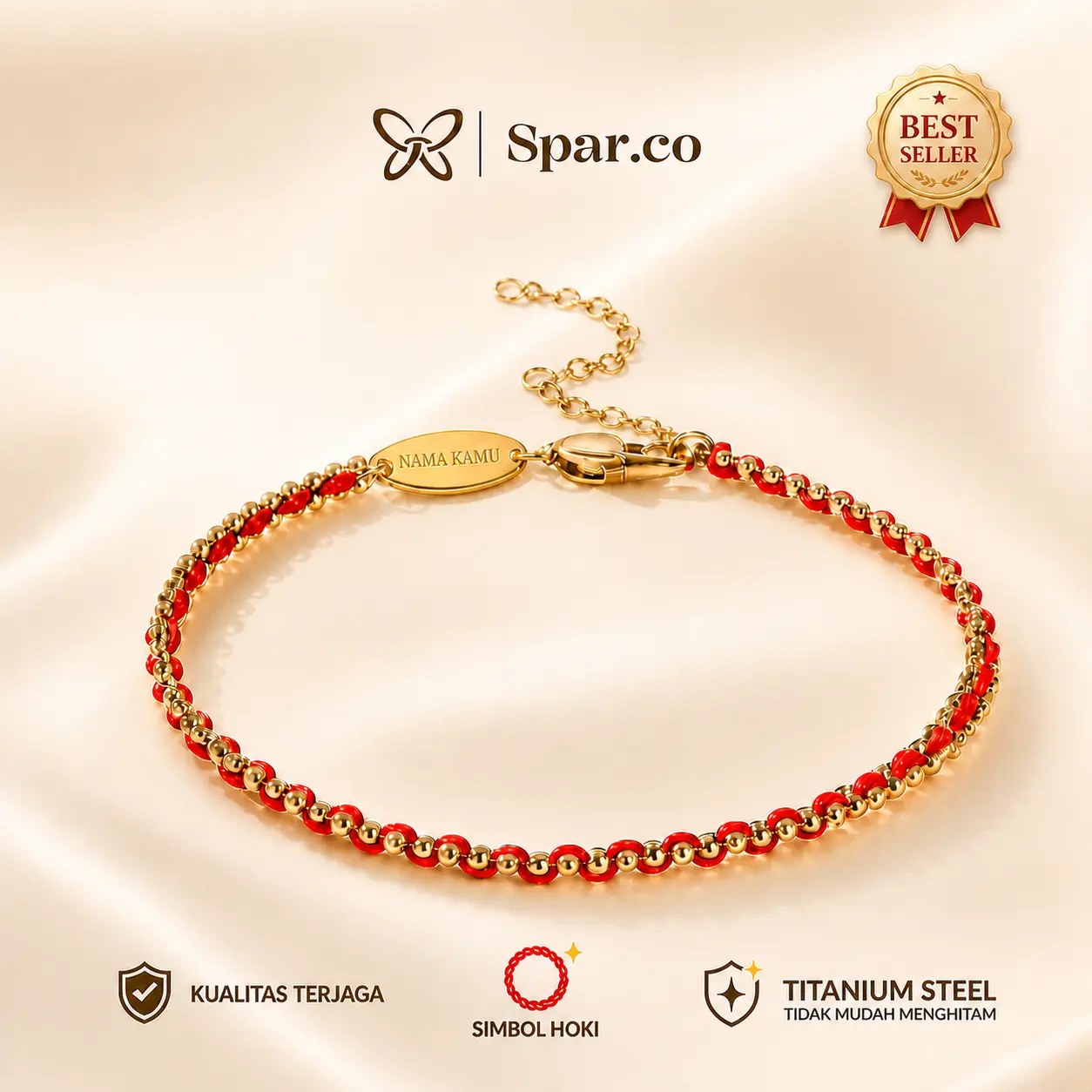 Spar.co Gelang Titanium Elegan Benang Rajut, Mutiara Gold & Silver Laser, Simbol Keberuntungan & Rezeki, Couple Bracelet Ikatan Tali Merah Vintage SP-AAD1231 (A)