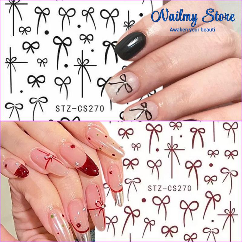 Miếng dán móng tay 3D nail sticker nơ màu đen và đỏ