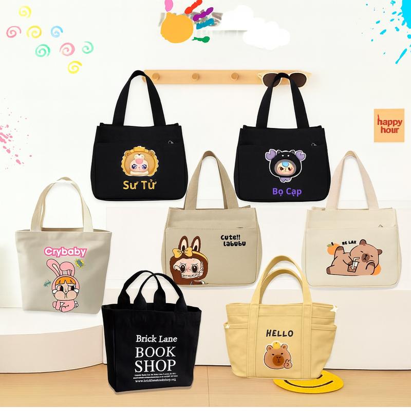 Túi đựng hộp cơm vải canvas để đồ ăn bình nước mang đi làm đi học có quai xách chắc chắn Bag vải có thể treo vải có thể gập lại, Túi mini đa năng tiện lợi  có khoá kéo HAT18