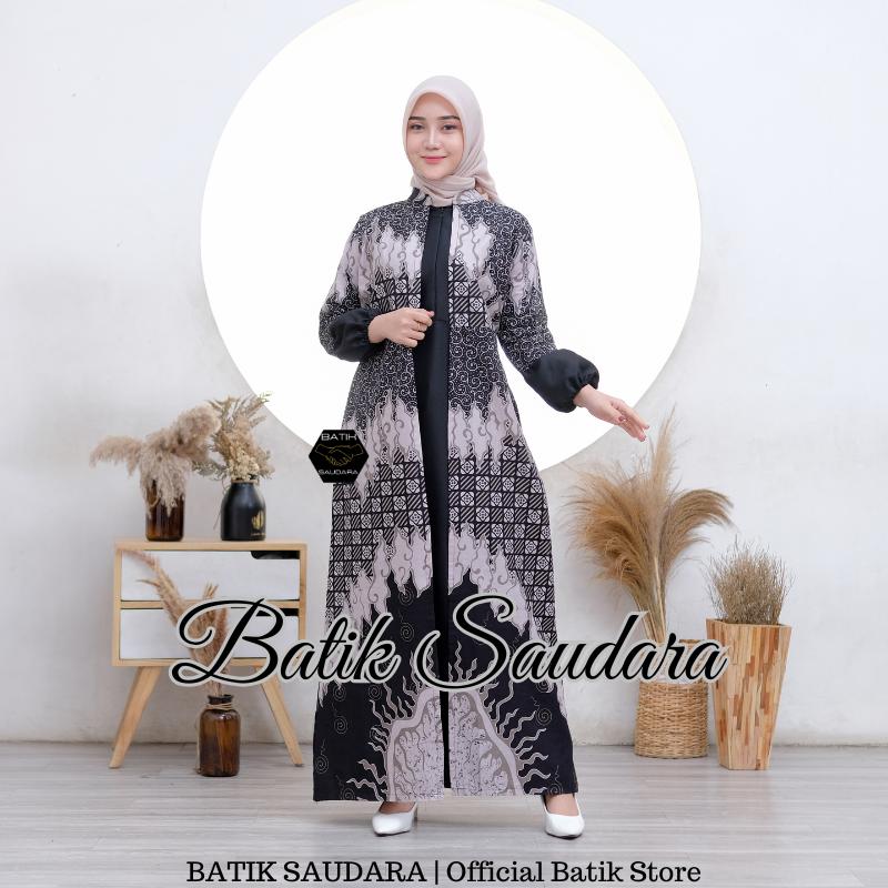 Batik Saudara Couple Gamis Muslim Pasangan Kemeja Panjang Kain Katun Motif Mega Mendung Hitam 2