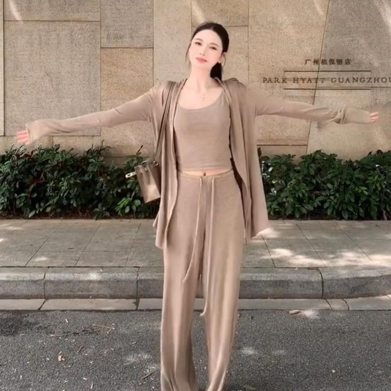 Bộ đồ 3 món nữ Áo Cardigan dáng suông áo dây chéo quần ống đứng phong cách mùa thu co giãn thoải mái 2026