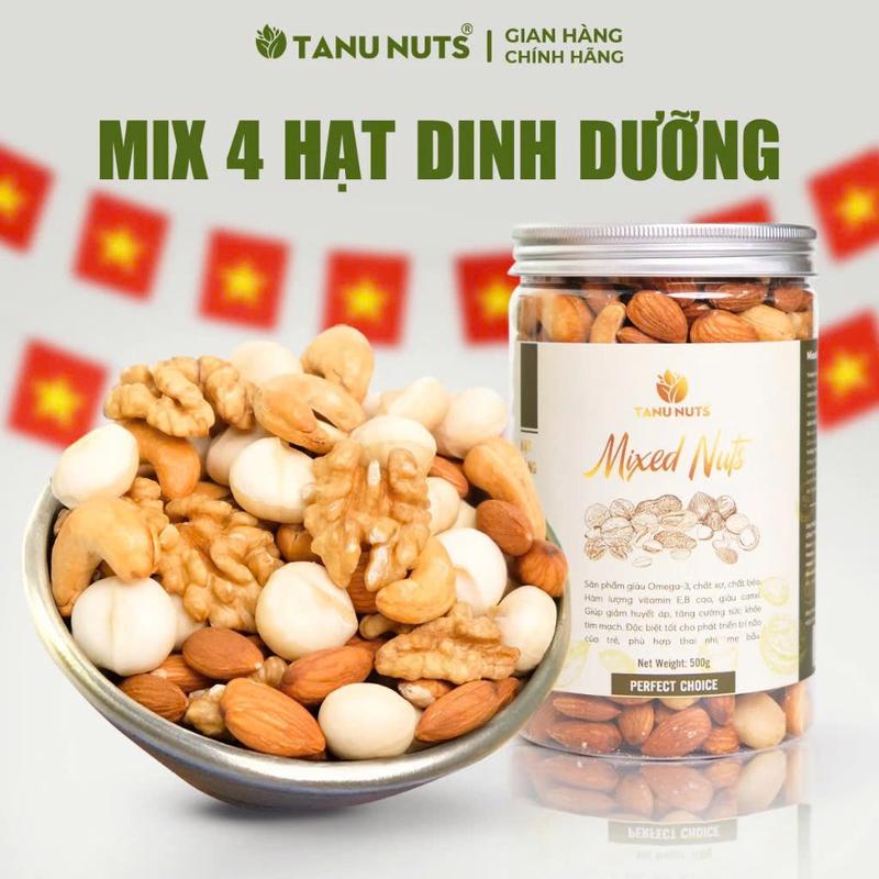  Mix 4 siêu hạt không yến mạch không trái cây sấy TANU NUTS ngũ cốc granola không đường giàu dinh dưỡng tốt cho mẹ bầu Ăn Vặt Snack Food macca hạnh nhân hạt điều hạt óc chó vàng hạtdinhduong 