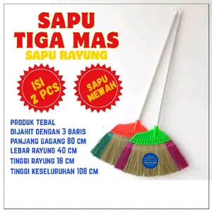 paket hemat isi 2 pcs sapu lantai bahan srabut injuk rayung kumis warna dobel tiga baris jahitan Gagang 80 cm lebar 40 cm tinggi 18 cm