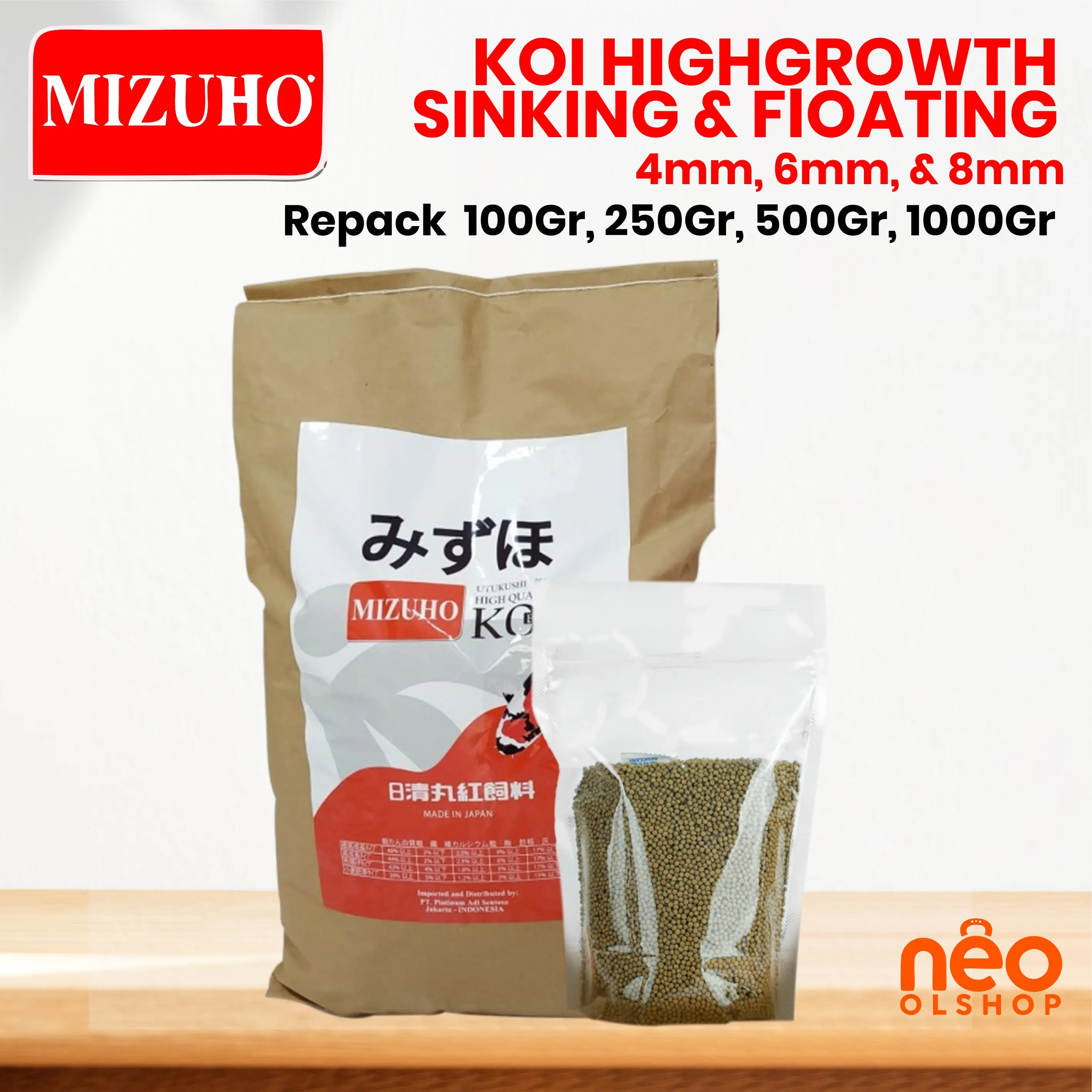 REPACK MIZUHO HighGrowth Pakan Ikan Sinking & Floating - 250, 500, 1000, 1500, 2000gr