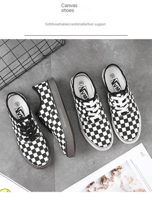Product Introduction of Spring New Canvas Shoes Men's Black and White Plaid Shoes Low-Top Breathable Slip-on Lazy Shoes Casual Trendy Sneakers 7