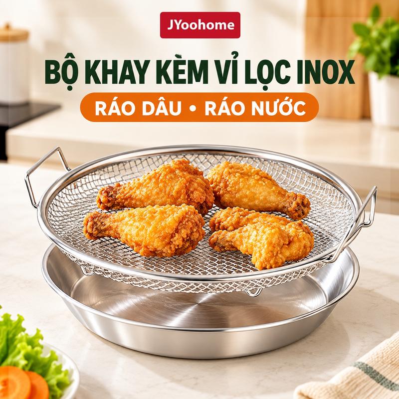 Bộ Khay Ráo Dầu Kèm Vỉ Inox 304 Đựng Đồ Chiên Rán JYoohome Vỉ Lưới Lọc Dầu Ăn Ráo Nước Đa Năng