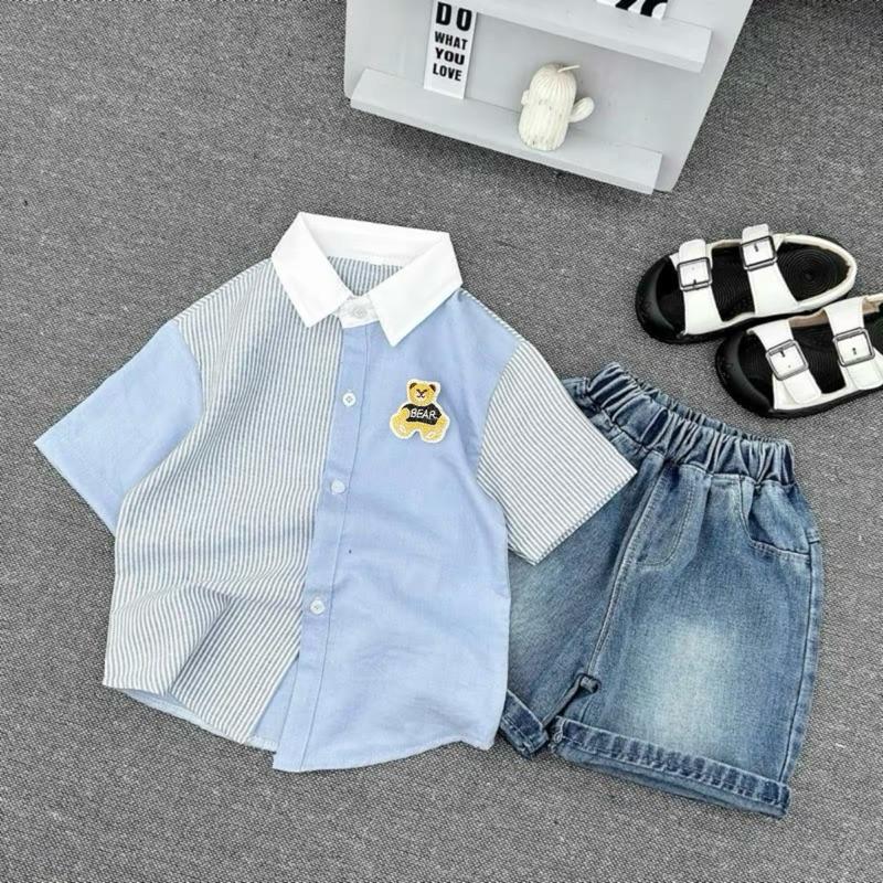 BỘ SƠ MI GẤU THÊU NGẮN TAY cho bé trai cá tính áo thô lụa quần jean sz 8-26kg