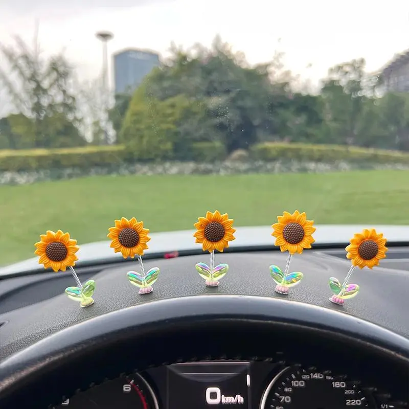 Sunflower Design Car Ornament, 5pcs Cute Car Dashboard Decoration, Car Interior Decoration Accessories for Women & Girls, Car Accessories