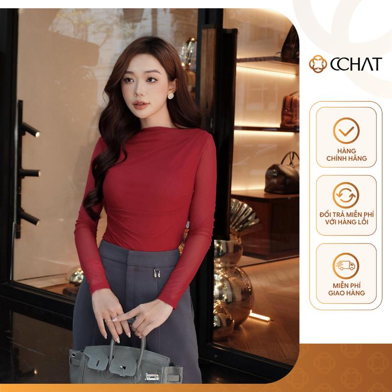   TREND25  Áo Nữ CChat Women Top Dáng Ôm Chất Lưới Xếp Vai Vải Nhập Khẩu 23TDC2013OT 