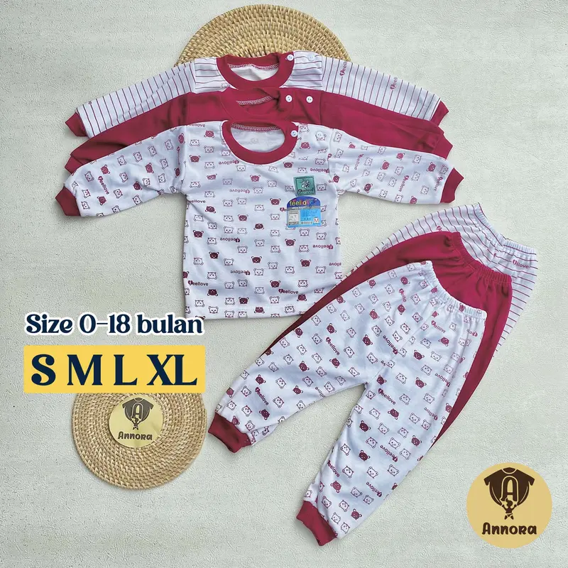 Annora Baby Isi 3 Setelan Bayi S M L XL usia 3-18 Bulan Piyama Bayi Laki Laki Perempuan Seri Marun Bear 1