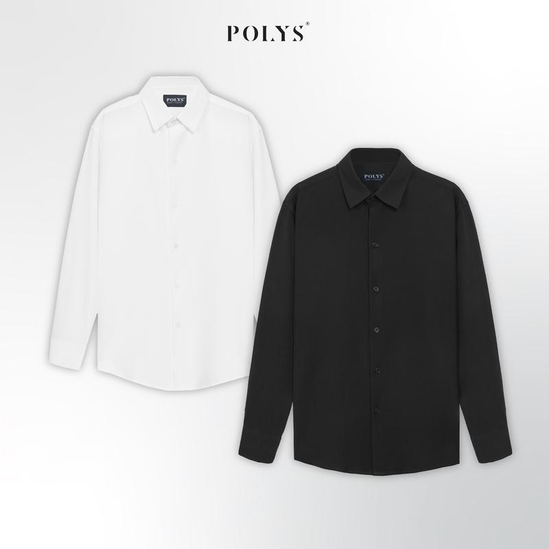 Áo Sơ mi Trắng Đen LONG SLEEVE. Áo sơ mi nam tay dài Trắng Đen POLYS Fullbox, Vải Chéo Thái dày dặn, co giãn, thoáng khí.