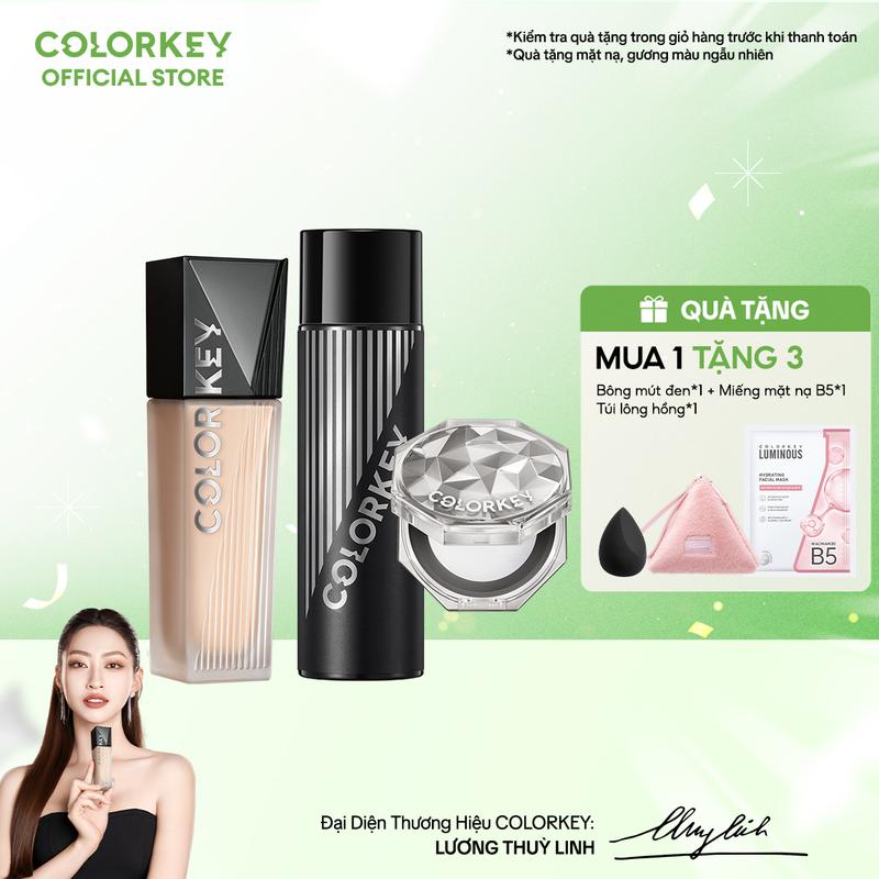 COMBO 3 MÓN - 1 Kem Nền COLORKEY PHIÊN BẢN NÂNG CẤP + 1 Phấn Phủ + 1 Xịt Khóa Nền Cho Lớp Trang Điểm Lì Mỏng Nhẹ, Không Dễ Xỉn Màu