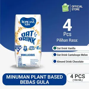 Paket isi 4 - Tropicana Slim Plant Based RTD Sugar Free - Almond Drink Chocolate / Oat Drink Vanilla / Oat Drink Cantaloupe Melon / Almond Drink Banana Delight