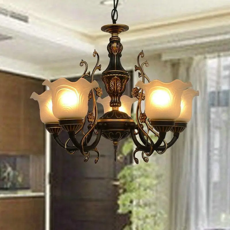 European-Style Living Room Chandelier 5-Light Iron Art Glass Pendant Light Antique Ceiling Light Fixture For Hall Villa Bedroom Study Dining Room Entryway