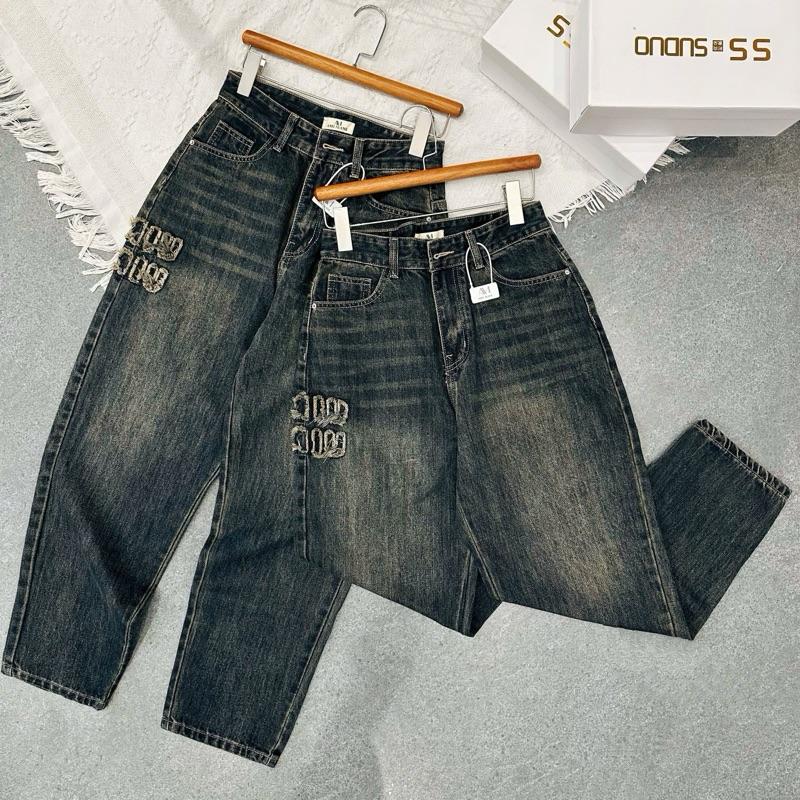  6299 BIGGSIZE Quần baggy jeans nữ cạp cao không co dãn quần baggy dáng thụng thêu chữ tạo kiểu 