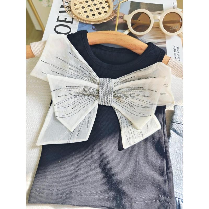 Setelan Anak Perempuan Import Knit Tanpa Lengan Pita Double Besar Punggung Short Pants Renda Terbaru 4