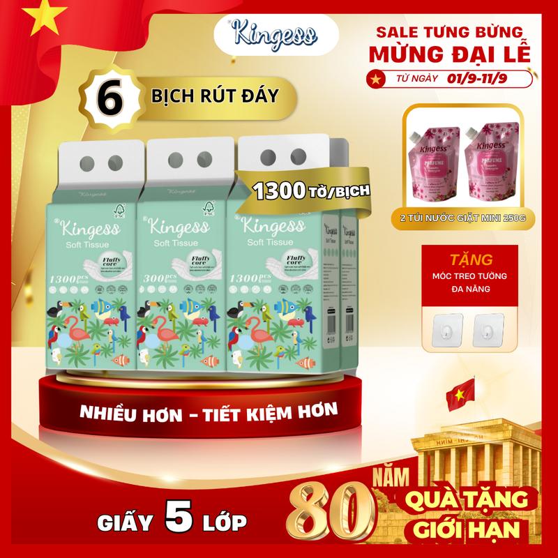 Combo Thùng 6 Túi Giấy Rút Treo Tường KINGESS Động Vật Xanh 5 Lớp. Tặng 4 móc treo tiện lợi. Giấy vệ sinh giấy rút đa năng treo tường tiết kiệm