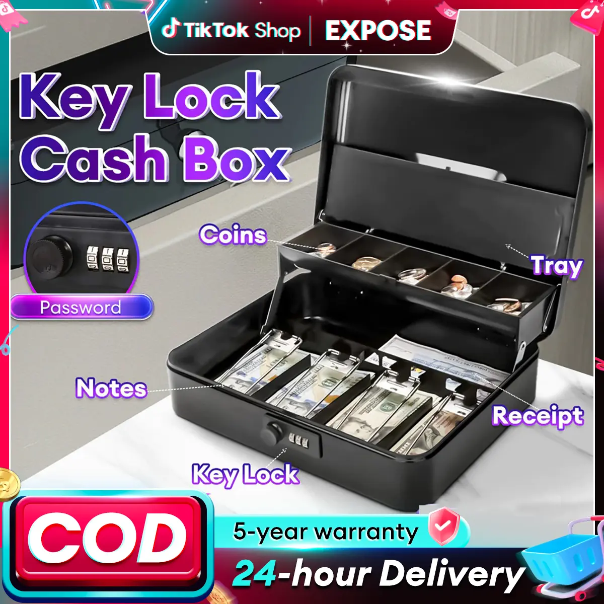 EXPOSE Cash Box Handheld Lockable Safety Box Compartment Tray Anti -theft Portable Cash Box Cashier Drawer Storage