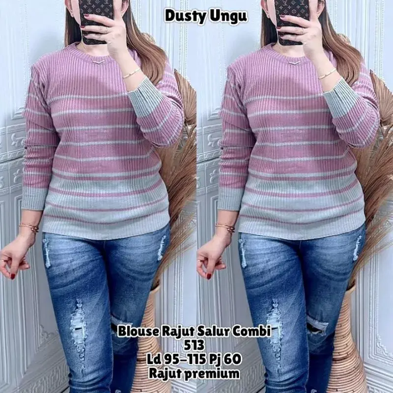 BLOUSE rajut SALUR COMBI / sweater polet Kecil bawah Badan baju rajut tangan panjang Garis haru polet Bica Atasan Wanita 5