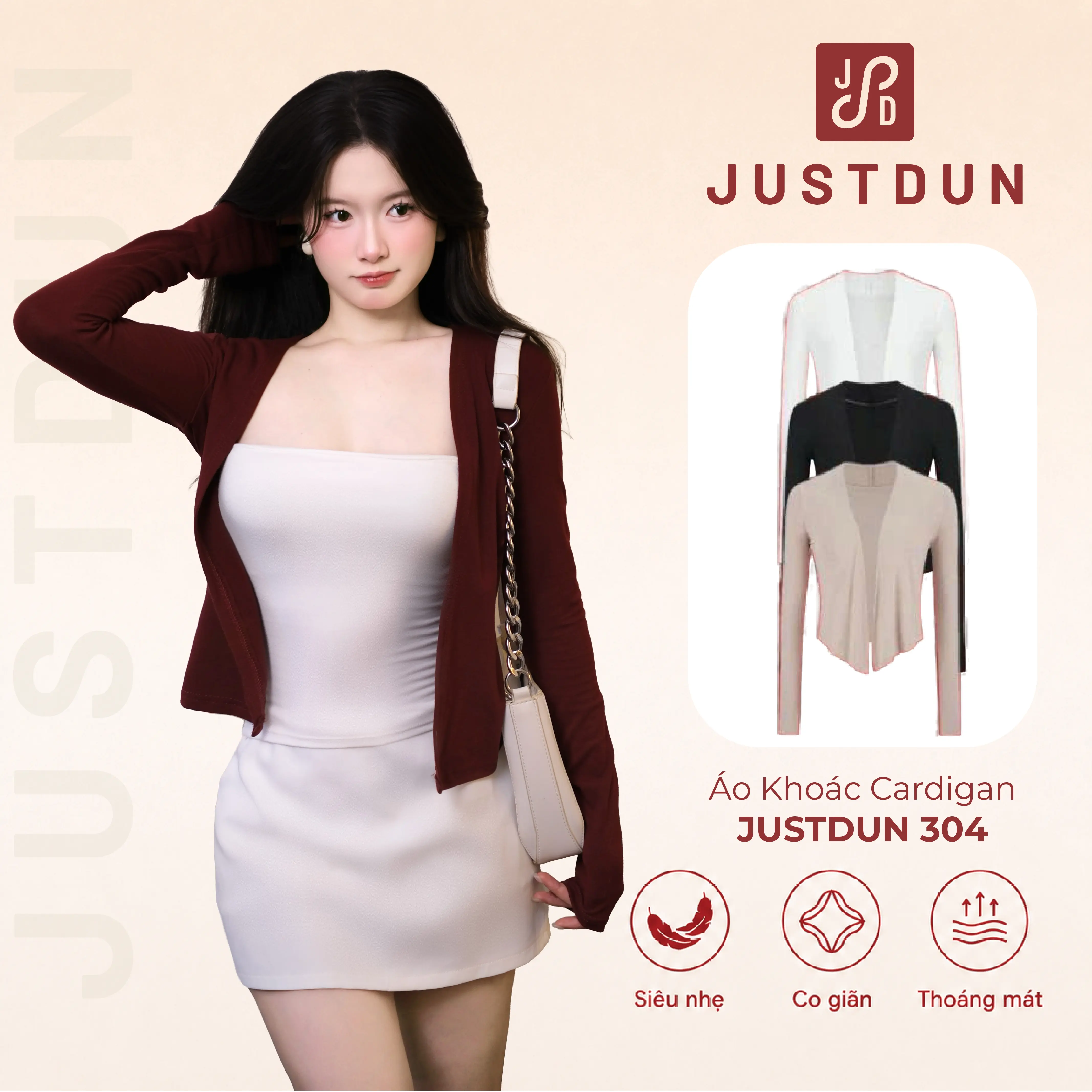 Áo Khoác Cardigan Nữ Dáng Dài JUSTDUN 304 - Vải Cotton Mịn, Mềm Mại, Thoải Mái, Dễ Phối Đồ