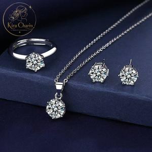 Bộ Trang Sức Nữ Đính Đá Zircon 3 Món Gồm Dây Chuyền Bông Tai Nhẫn, Thiết Kế 6 Chấu Sang Trọng, Chống Nước Chống Mồ Hôi Không Phai Màu
