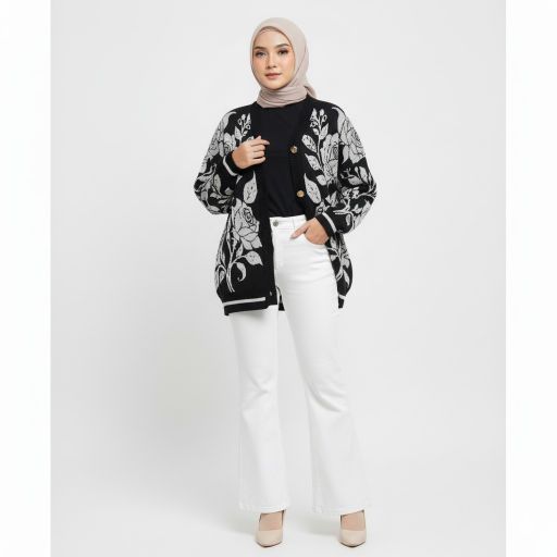 E.R Big Flower Cardigan Outer Knit  Rajut Wanita Over Size Knitwear Premium Kardigan Atasan