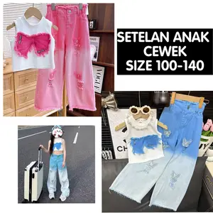 (LOLI-JKT) BS 831 SETELAN ANAK CEWEK TANKTOP PITA RAWIS CELANA JEANS GRADASI KUPU TIMBUL MUTIARA SIZE 100-140