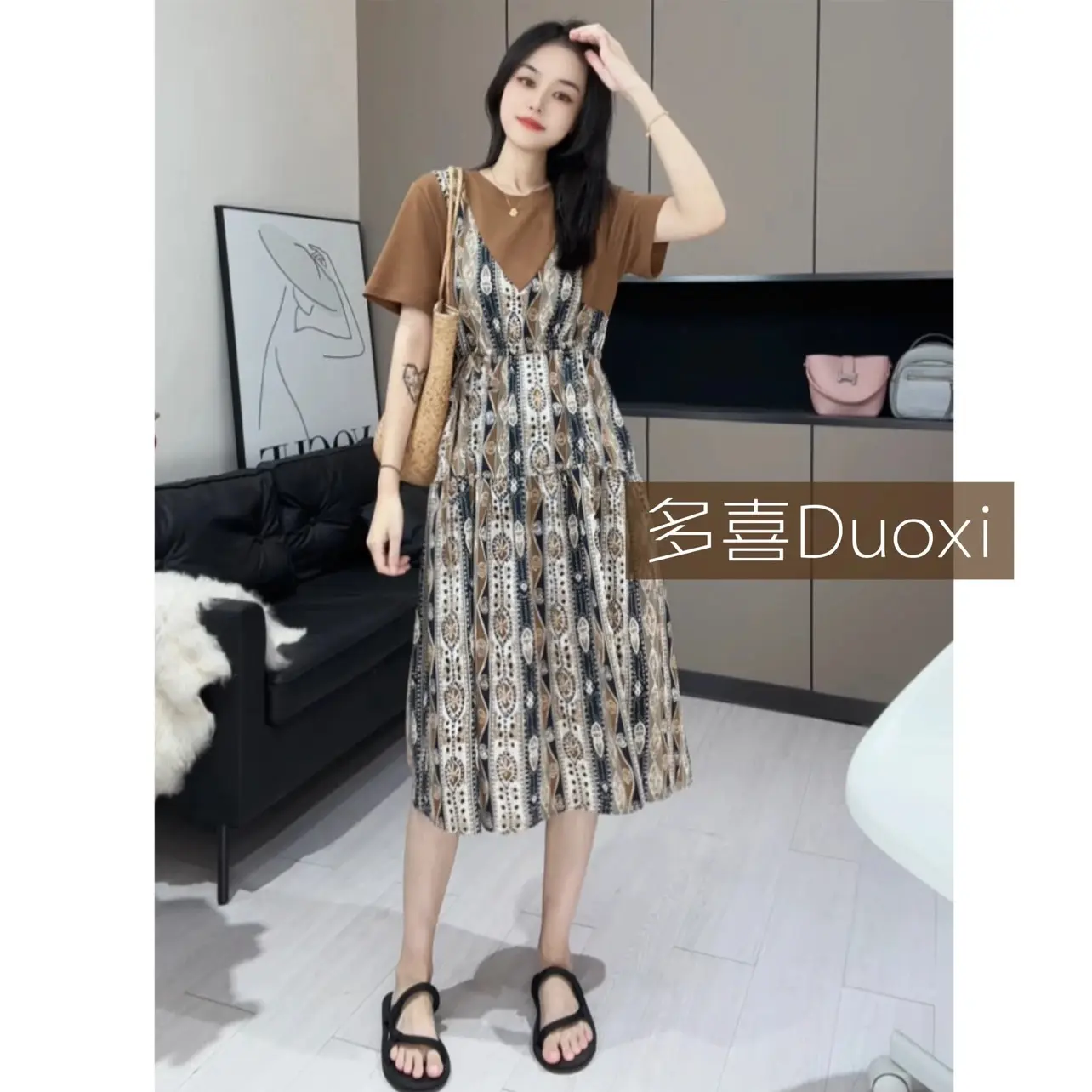 Fake Two Pieces Dress 2024 New Floral Vintage Loose Slim Dress