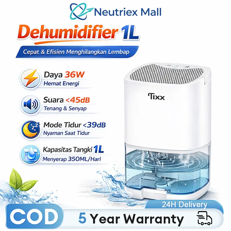 【COD】Tixx Dehumidifier kamar 3 in 1 Tangki Air 1L Transparan Auto Stop Alarm Serap Kelembaban Udara Atasi Lembab & Jamur Keringkan Pakaian Udara Segar Ion Negatif Aromaterapi Suara Senyap Low Watt Hemat Daya Desain Elegan Praktis Mudah Dioperasikan