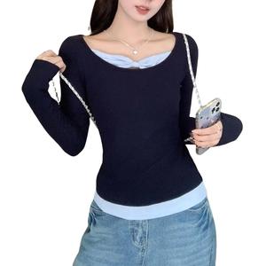 Áo Thun Nữ, Giả Hai Mảnh, May Nối Khối Màu, Thiết Kế Đẹp, Phong Cách Quần Áo Nữ Đẹp, Áo Thun Dài Tay, Phong Cách Mùa Thu Mới Cho Năm 2025, Áo Lớp Nền Phong Cách Hàn Quốc Ôm Sát, Thích Hợp Cho Quần Áo Nữ 3813