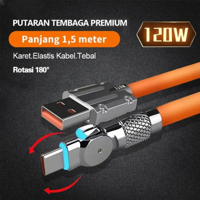 Dapat diputar 180°！ ZHALO Kabel Charge Ponsel  Kabel Data Type C120W 6A Fast Charging Tipe C Micro USB iOS Lightning  1.5M Pengisian Cepat Untuk Android iOS  OPPO REALME VIV Kabel Charge Silion LogamKabel Cabel 1