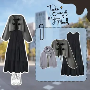 Setelan Wanita Korean Style 3IN1 Inner Dress + Sweater Crop Korean Style Pita Coquete + Hijab-Set A19