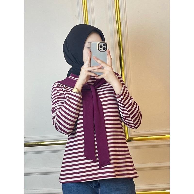 JN- Chika Blouse Stripe Atasan  Panjang Wanita Knit Casual Baju Knitted Knitwear Crop Top Outer Cardigan Oversize kemeja  hadeed Motif Kardigan Garis Basic 1