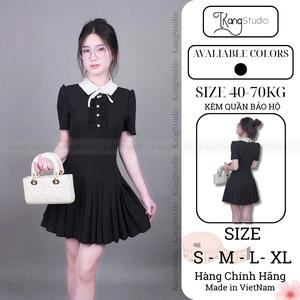 KangStudio - [M146]Váy thiết kế nữ, cổ sen đính nơ mix màu, xếp ly dáng xoè tiểu thư, trẻ trung