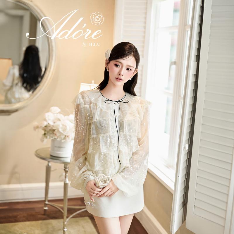 Adore Top | Áo nữ thiết kế voan tầng dát nhũ cao cấp HIU Fashion | dáng xếp ly tầng 1 lớp style tiểu thư HIU design