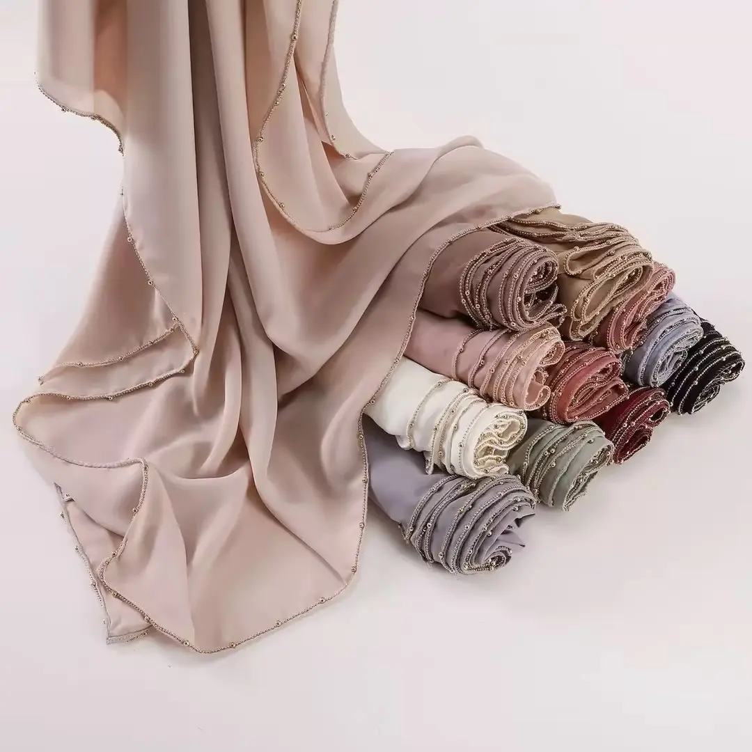 LOVOSME Plain Poka Chiffon Hijab Scarf Beaded Shawl Pashmina Silk Women Muslim Headscarf Preal Chain Tudung Shawls