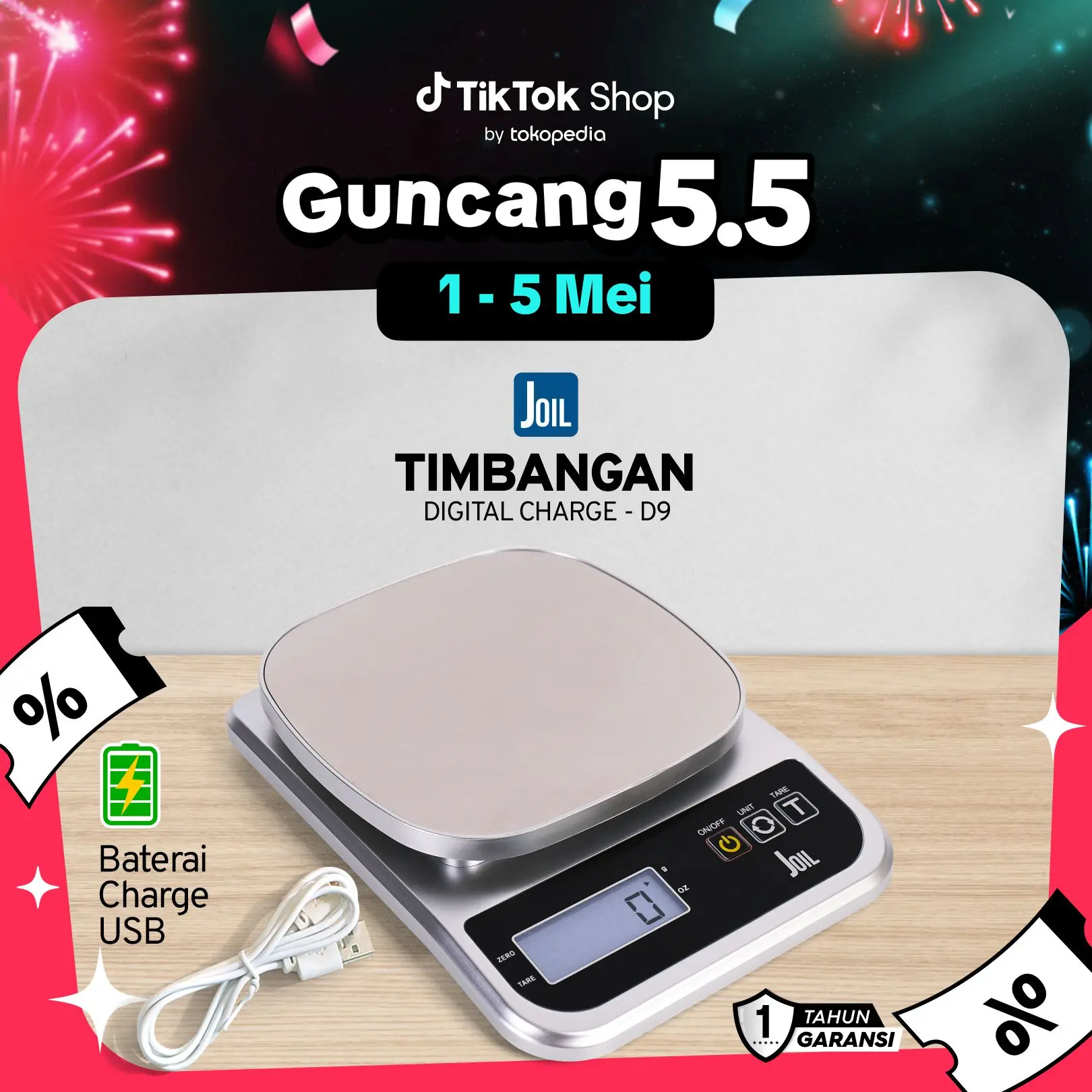 Joil Timbangan Dapur Digital 0.5gr/5Kg & 0.1gr/3Kg Plat Stainless Steel Akurat dengan Fitur Tare Chargeable - D9 Kitchenware