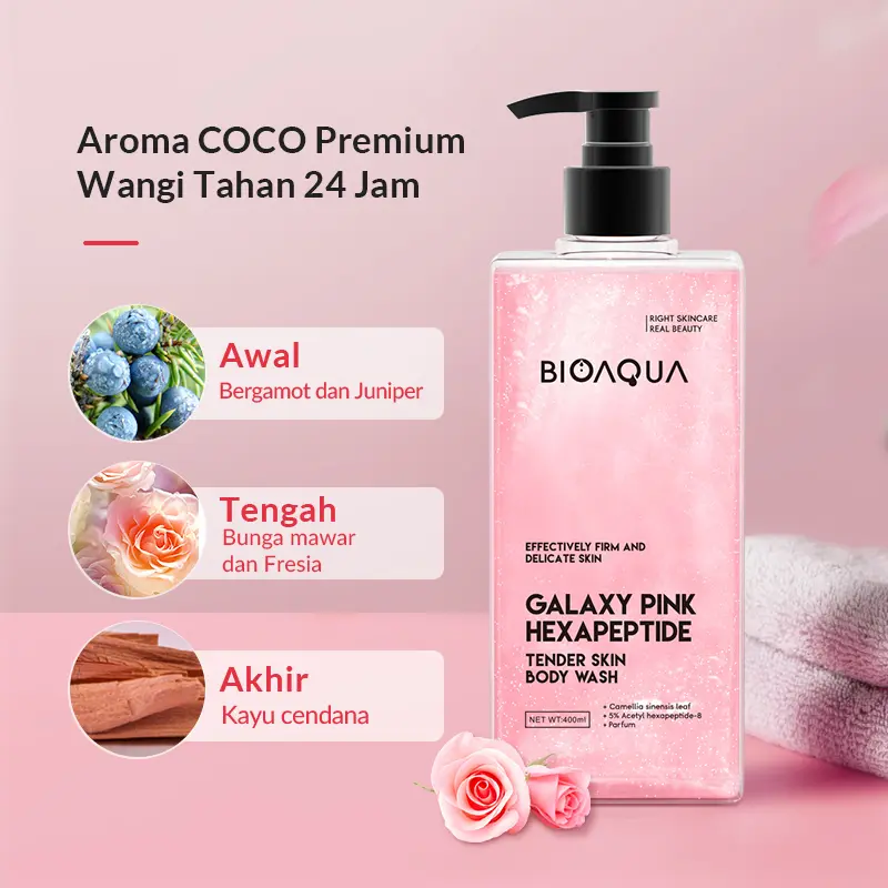 【BPOM】BIOAQUA Body Wash 2pcs Set Grass Green AHA FRUIT ACID Body Wash / 24K GOLD NICOTINAMIDE Glowing Bath Cream Soap / GALAXY PINK HEXAPEPTIDE Shower Gel / Nebulas Blue Bose Pores Refining Cleaning Liquid 5