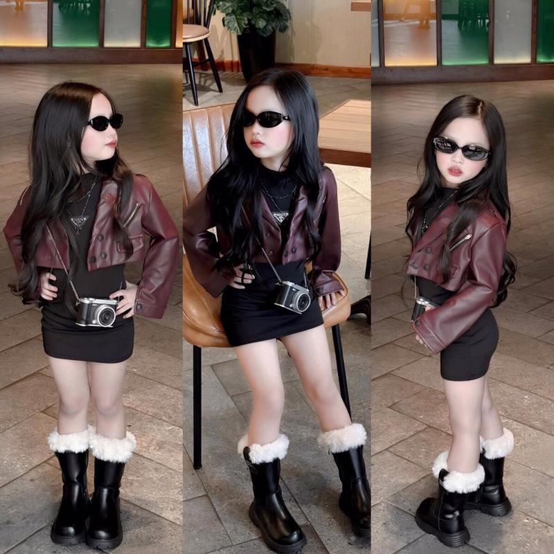  Sét áo khoác da nâu kèm váy body sát nách sang chảnh cho bé Gái chất liệu mềm mịn đủ size 9-35kg   Sang Chảnh   