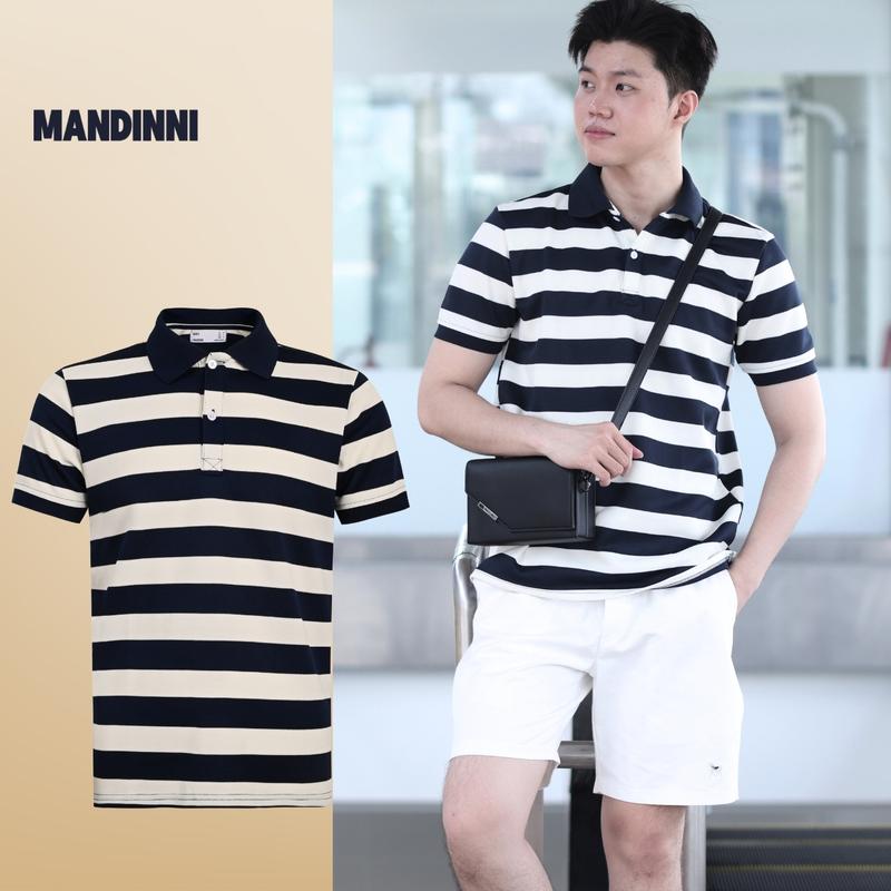 Áo thun polo nam  MANSALOR kẽ sọc xanh navy sọc kem vải cotton Pique cao cấp, chuẩn form, năng động - MANDINNI menwear Có Cổ Menswear Shirt