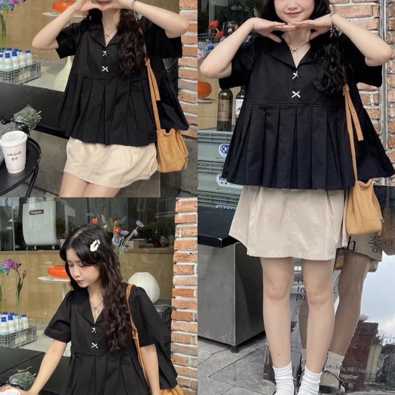 Bigsize 60-140kg áo kiểu sơ mi babydoll xếp ly from rộng phối nơ