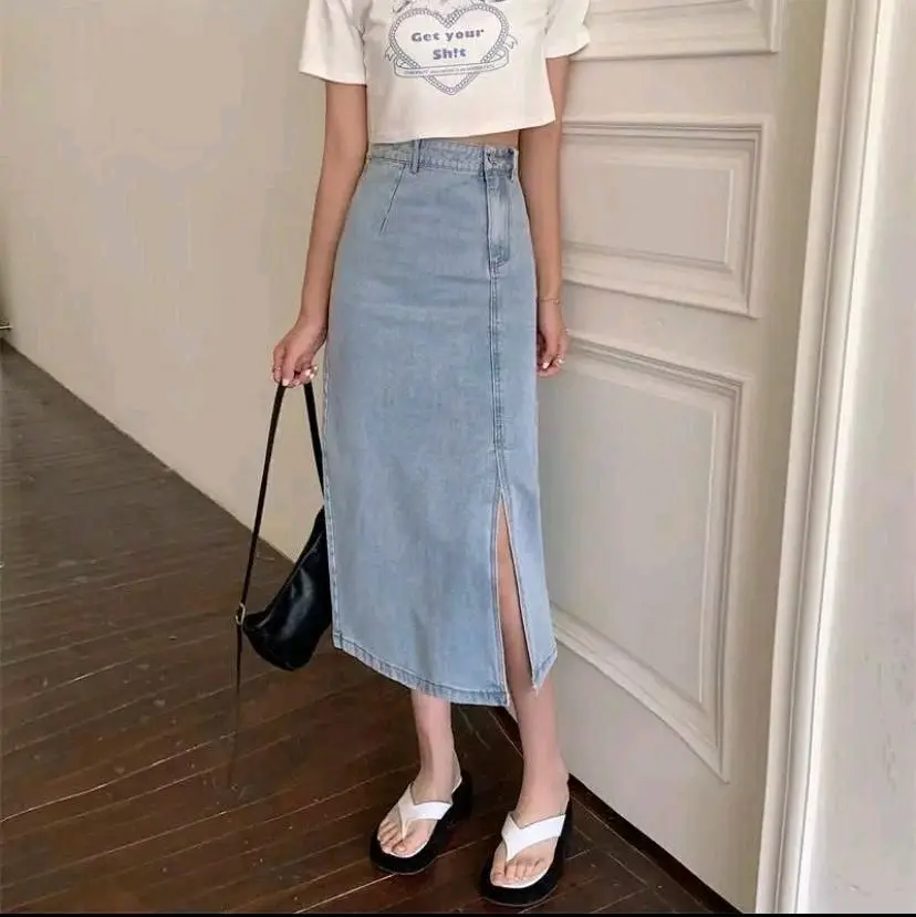Rok Denim Jeans Wanita Highwaist Split A-line Korean Style Tebal Casual Panjang