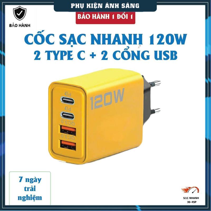 Cốc sạc nhanh 120W, 4 cổng gồm: 2 cổng Type C và 2 cổng USB – Sạc Nhiều Thiết…