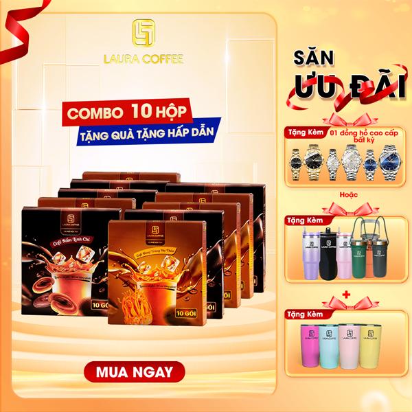 QUÀ TẶNG Combo 10 HỘP Cà Phê Đông Trùng Hạ Thảo + Nấm Linh Chi Laura Coffee Nhật Kim Anh- Cà phê thảo mộc 2 vị Cafe