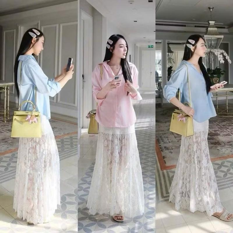 Mèo Mỡ Bigsize — Set bộ áo sơmi 3 màu tay dài phối ren kèm chân váy xoè ren dáng dài bigsize 60-90kg