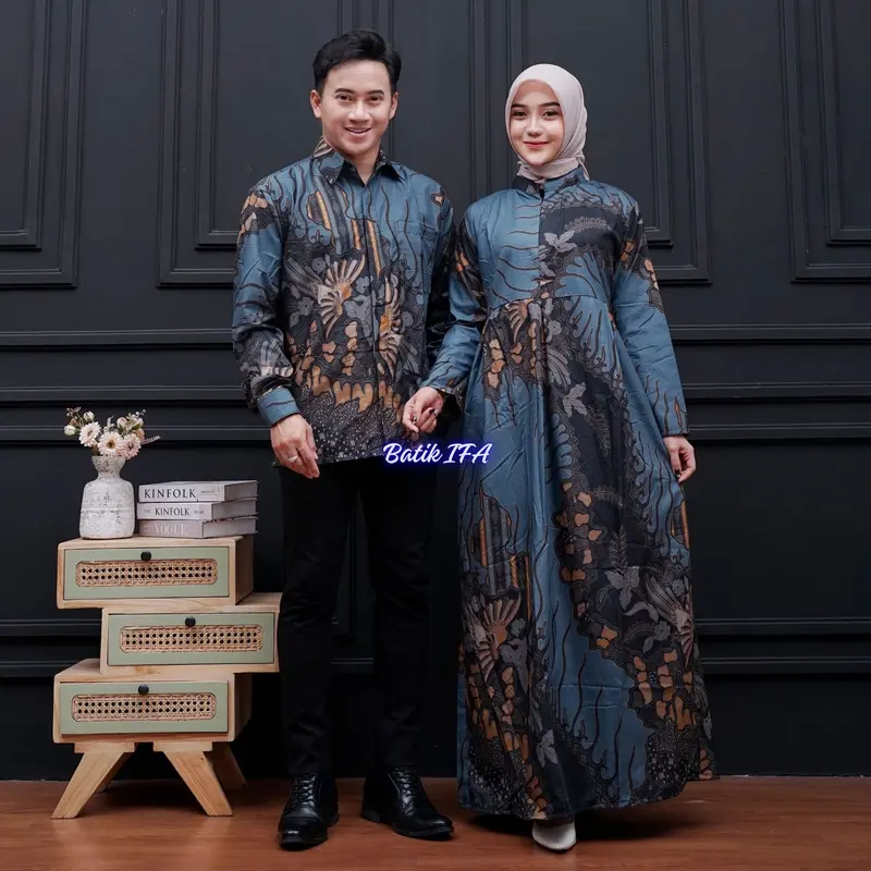 Baju Batik Couple Modern - Sarimbit Batik Kondangan Kekinian - Couple Gamis Batik dan Kemeja Polyester 7
