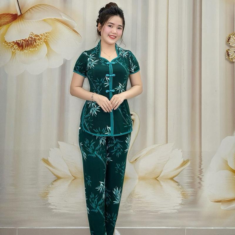 B58 Đồ bộ xẩm nữ trung niên hoạ tiết lá trúc, cổ nữ hoàng sang trọng chất liệu vải thun tơ cao cấp thương hiệu Hải Sơn