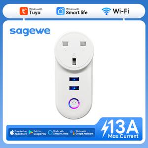 Soket USB Pintar Tuya Wifi, SAGEWE, Penyesuai Outlet 13A, Pengecasan, Kawalan Suara dan Masa, Palam Soket Pelbagai Fungsi Asal, Soket Kuasa Universal, dengan 2 Port USB, Suis Keselamatan, Perlindungan Soket